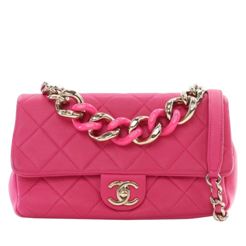 Chanel Lambskin Quilted Resin Bi-Color Chain Flap Bag Fuchsia Pink